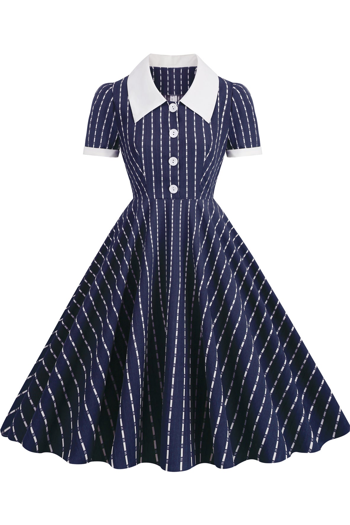 Herbene Navy Blue Striped Shirt Collar Dress with Short Sleeves