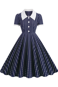 Herbene Navy Blue Striped Shirt Collar Dress with Short Sleeves