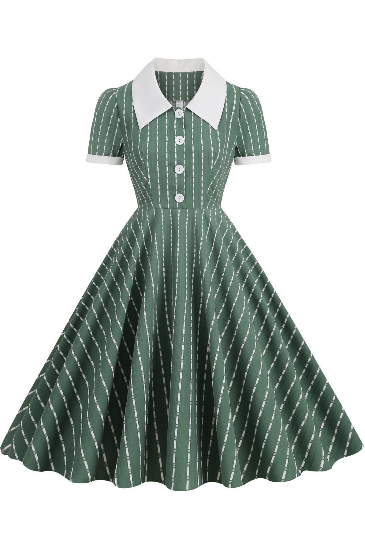 Herbene Green Striped Shirt Collar Dress with Short Sleeves