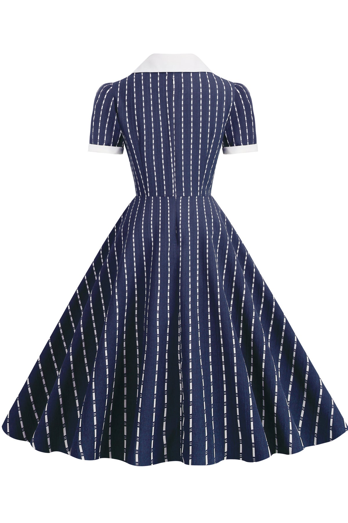 Herbene Navy Blue Striped Shirt Collar Dress with Short Sleeves