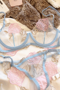 Blue Lace Embroidery Illusion Lingerie