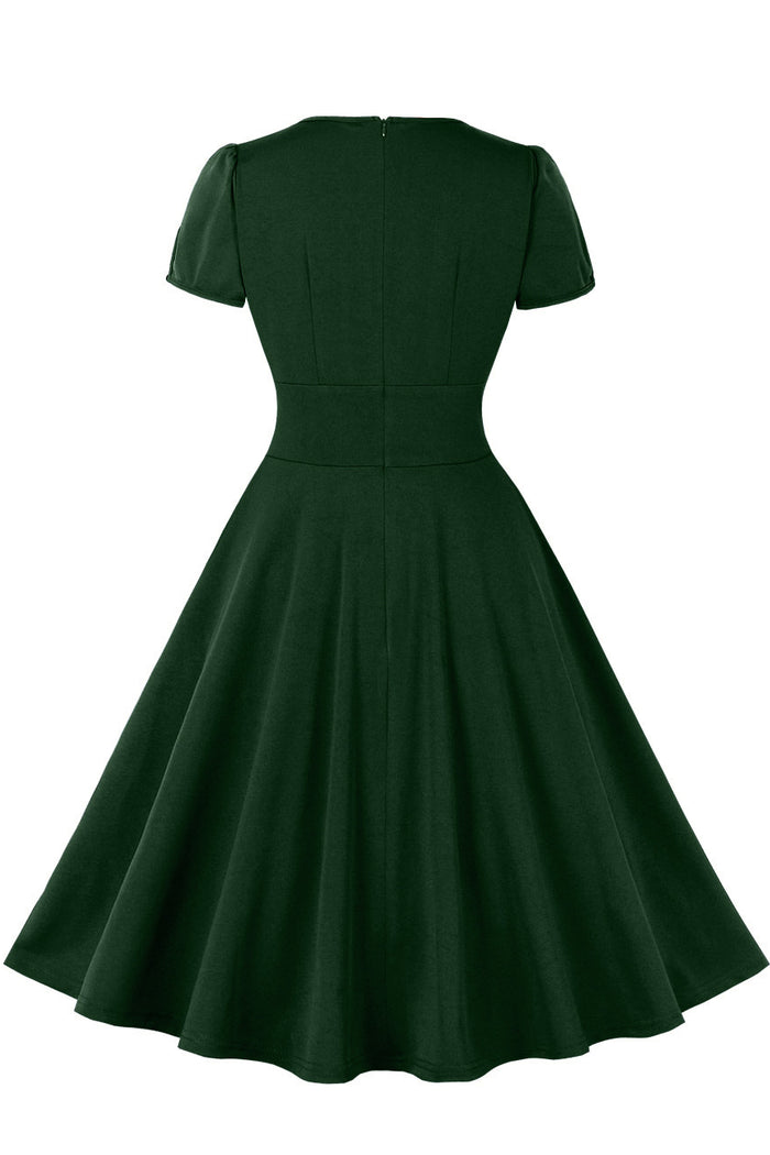 Hunter Green Short Sleeves A-line V Neck Vintage Dress