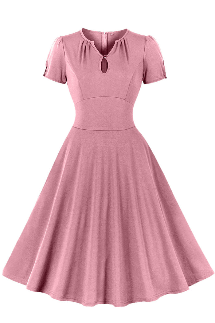 Pink Short Sleeves A-line V Neck Vintage Dress