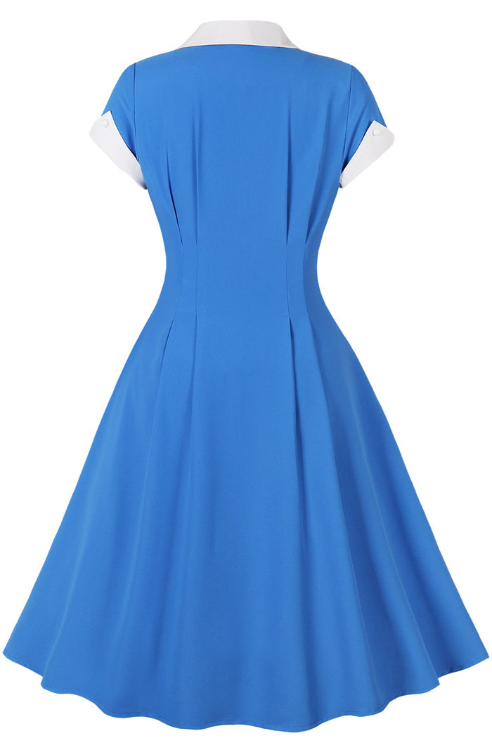Herbene Blue Lapel A-line Vintage Dress