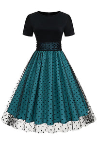 Green A-line Dot Black Top Vintage Dress