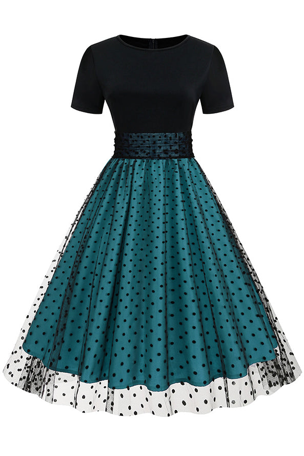 Green A-line Dot Black Top Vintage Dress