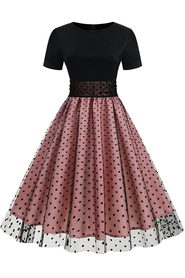 Pink A-line Dot Black Top Vintage Dress