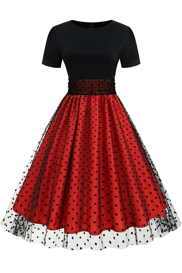 Red A-line Dot Black Top Vintage Dress