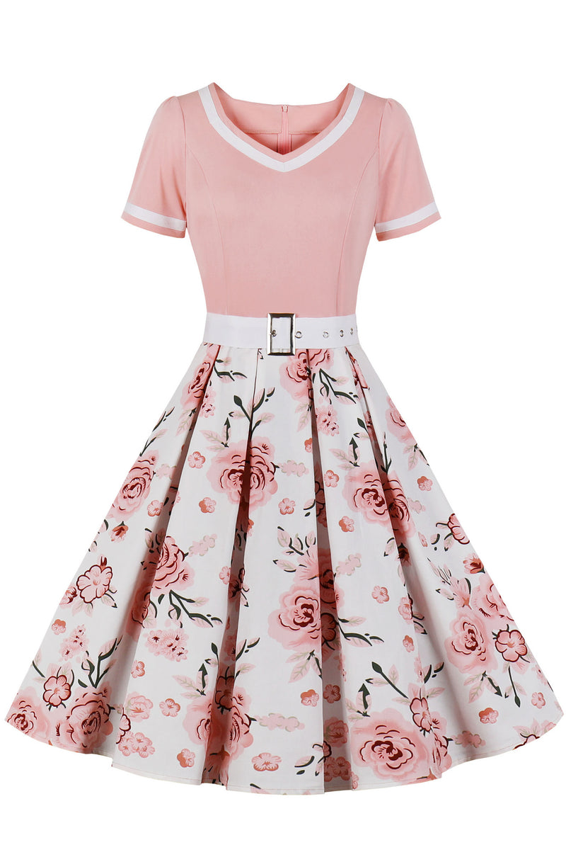 Pink  V Neck A-line Floral Vintage Dress with Belt