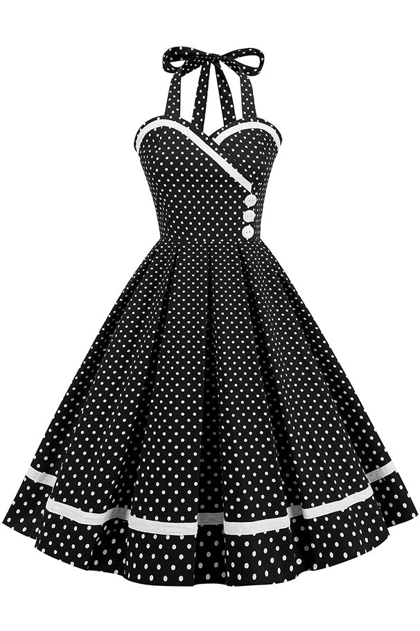 Black Dotted Halter A-line Vintage Dress