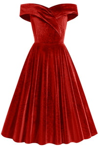 Red Off-Shoulder Velvet A-line Vintage Dress