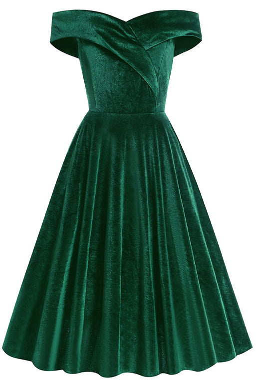 Green Off-Shoulder Velvet A-line Vintage Dress