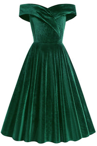 Green Off-Shoulder Velvet A-line Vintage Dress
