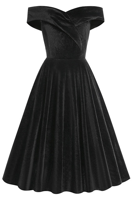 Black Off-Shoulder Velvet A-line Vintage Dress