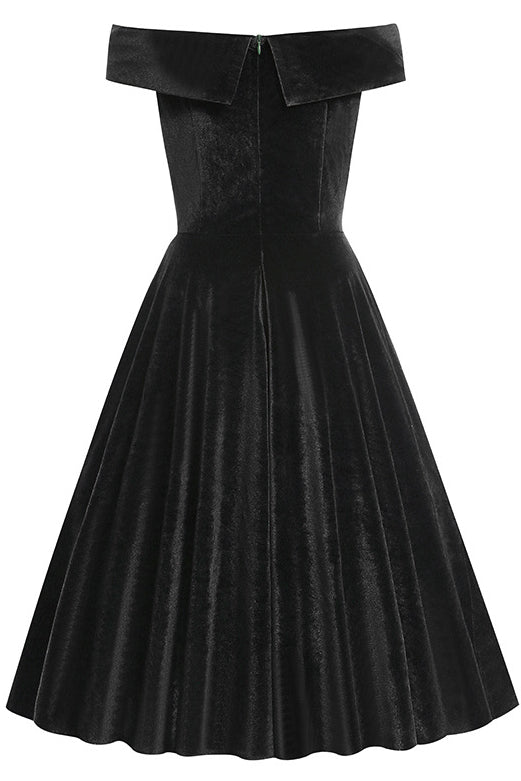 Black Off-Shoulder Velvet A-line Vintage Dress