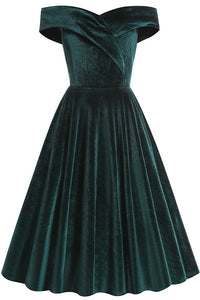 Dark Green Off-Shoulder Velvet A-line Vintage Dress