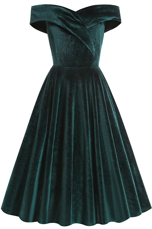 Dark Green Off-Shoulder Velvet A-line Vintage Dress