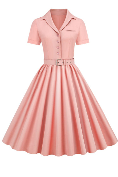 Pink Lapel A-line Vintage Dress with Belt