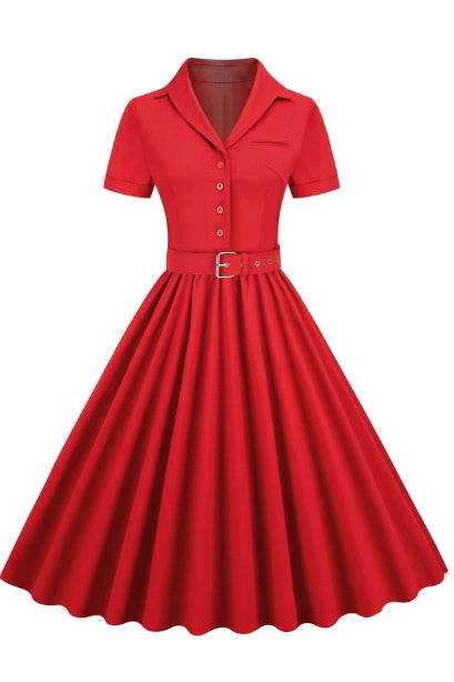 Red Lapel A-line Vintage Dress with Belt