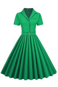 Grass Green Lapel A-line Vintage Dress with Belt