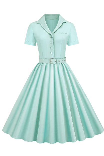 Mint Green Lapel A-line Vintage Dress with Belt