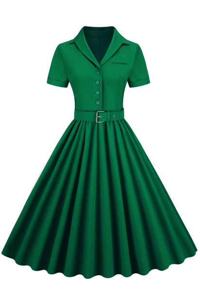 Green Lapel A-line Vintage Dress with Belt