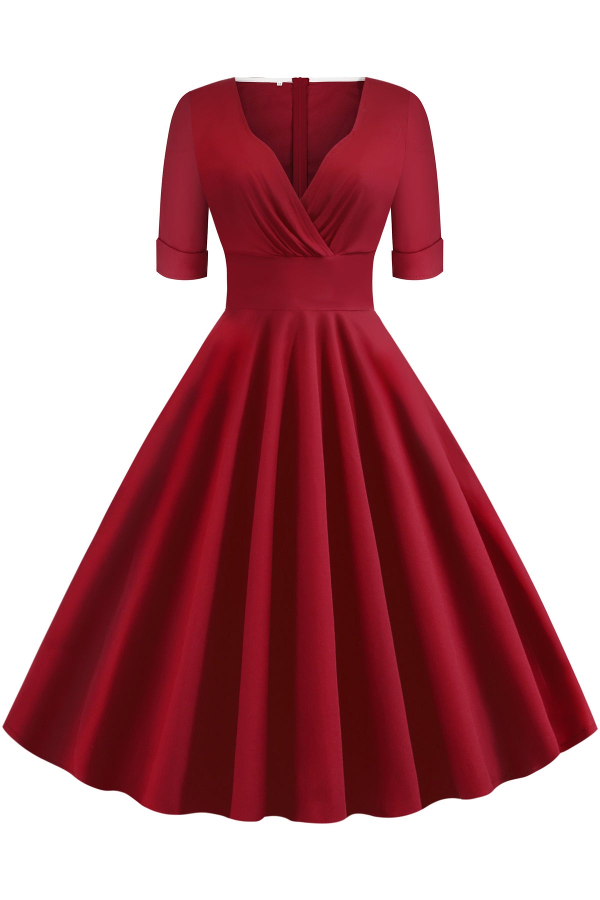 Red Surplice A-line Short Sleeves Vintage Dress