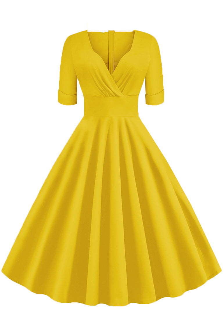 Yellow Surplice A-line Short Sleeves Vintage Dress