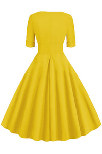 Yellow Surplice A-line Short Sleeves Vintage Dress