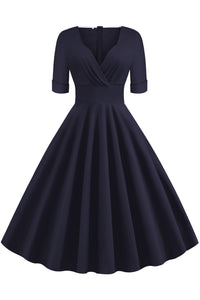 Dark Navy Surplice A-line Short Sleeves Vintage Dress