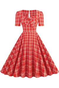 Herbene Red Plaid A-line Dress with Bow