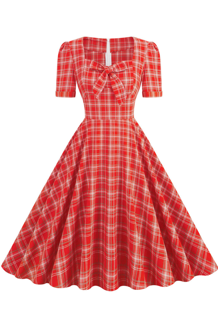 Herbene Red Plaid A-line Dress with Bow