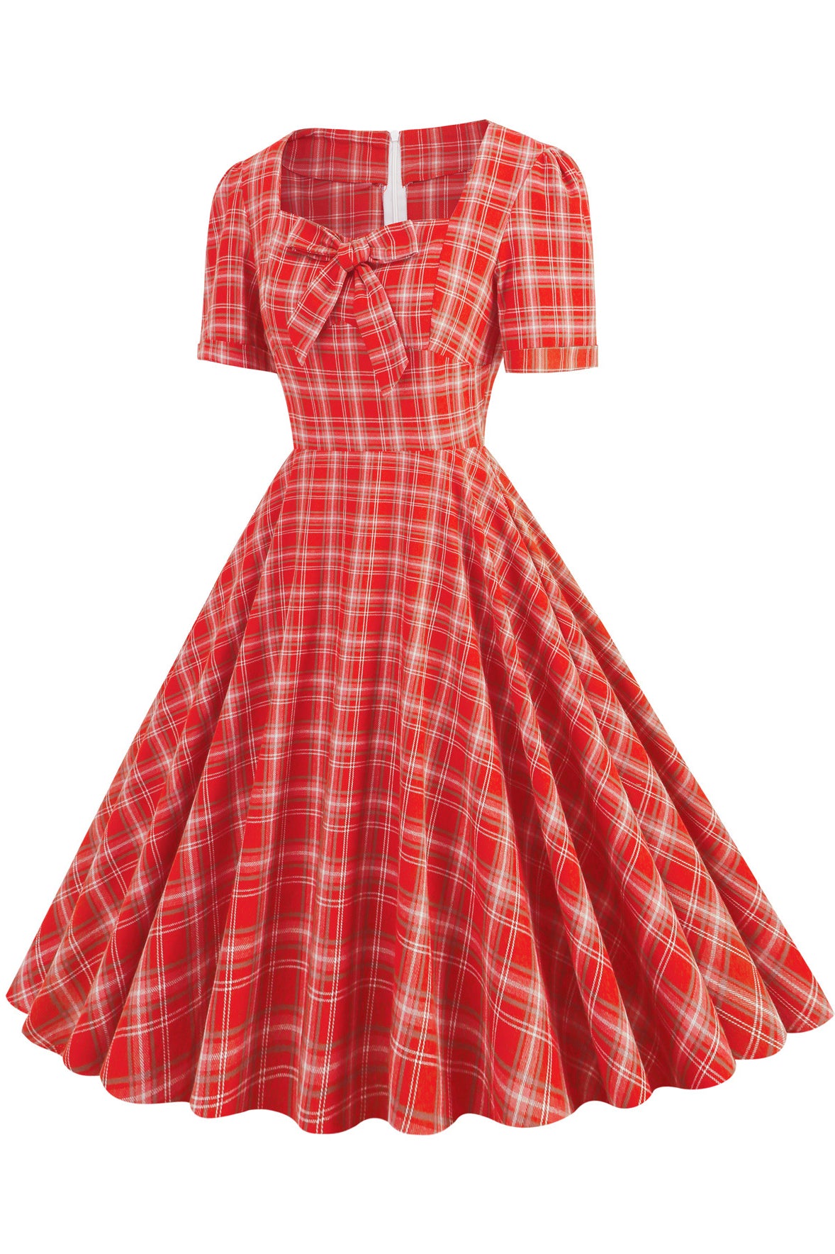 Herbene A Line Plaid Dress with Bow