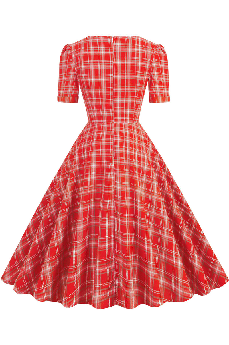 Herbene Red Plaid A-line Dress with Bow