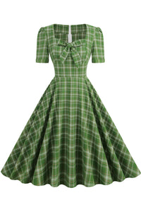Herbene Green Plaid A-line Dress with Bow