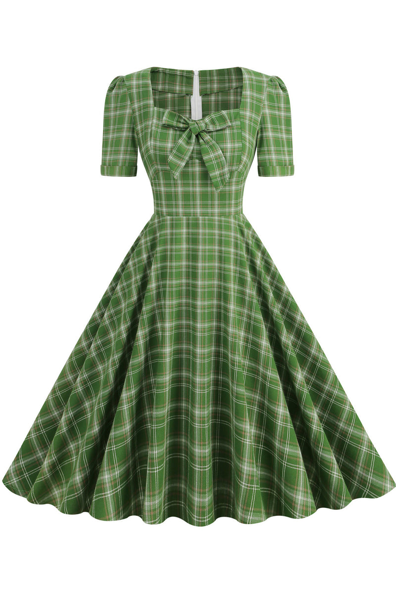 Herbene Green Plaid A-line Dress with Bow