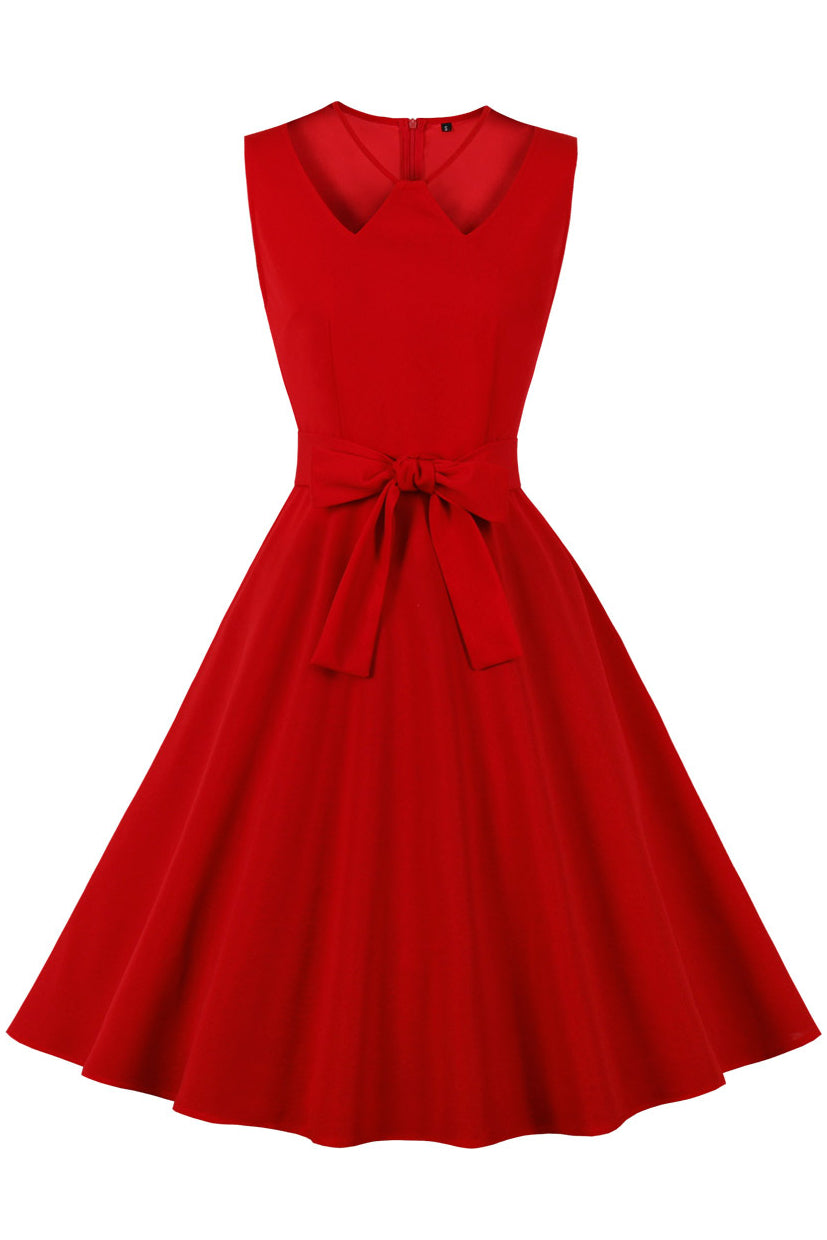 Red Sleeveless A-line Bow Tie Sash Vintage Dress