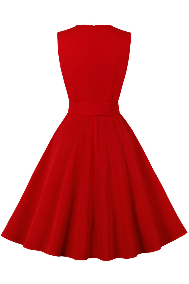 Red Sleeveless A-line Bow Tie Sash Vintage Dress