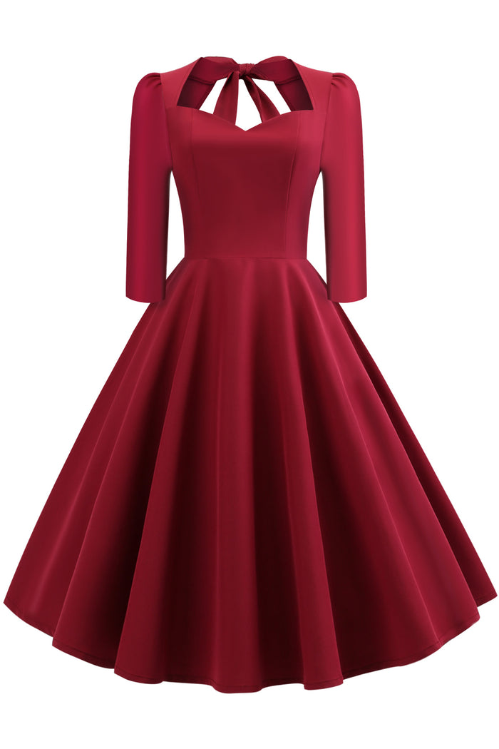 Red 1/2 Sleeves A-line Bow Tie Vintage Dress