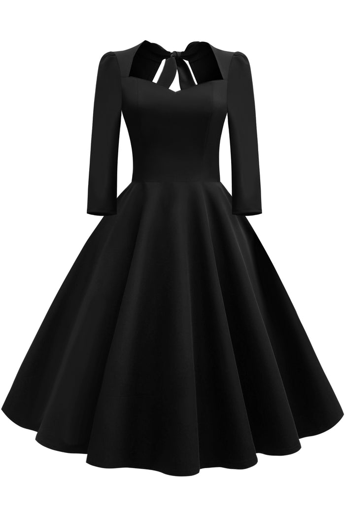 Black 1/2 Sleeves A-line Bow Tie Vintage Dress