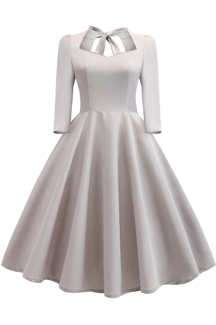 White 1/2 Sleeves A-line Bow Tie Vintage Dress