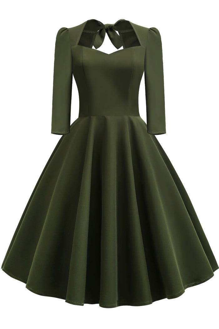 Olive 1/2 Sleeves A-line Bow Tie Vintage Dress