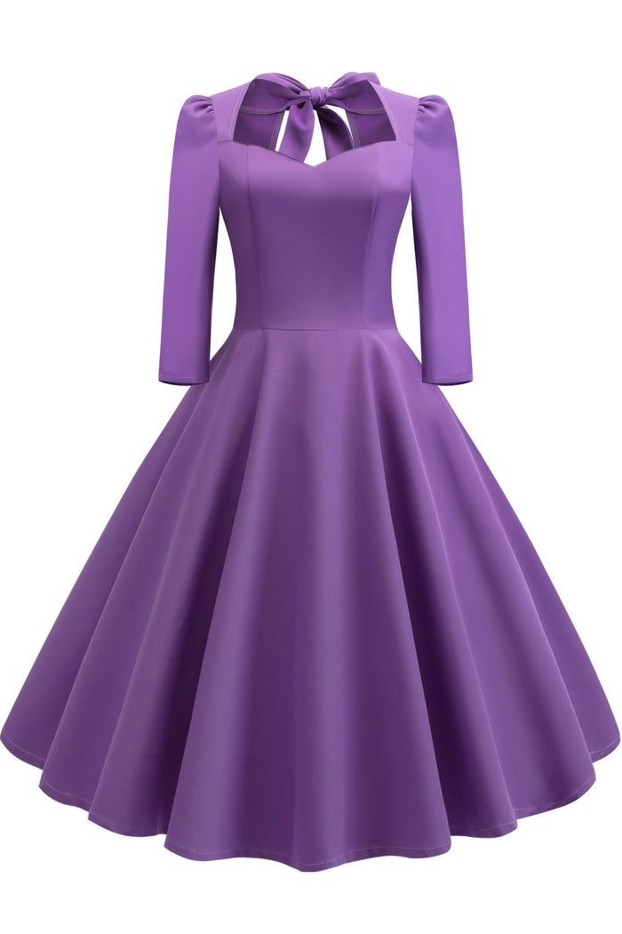Lavender 1/2 Sleeves A-line Bow Tie Vintage Dress