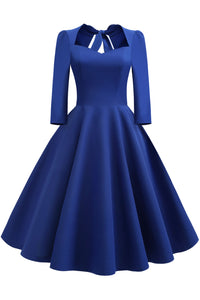 Royal Blue 1/2 Sleeves A-line Bow Tie Vintage Dress