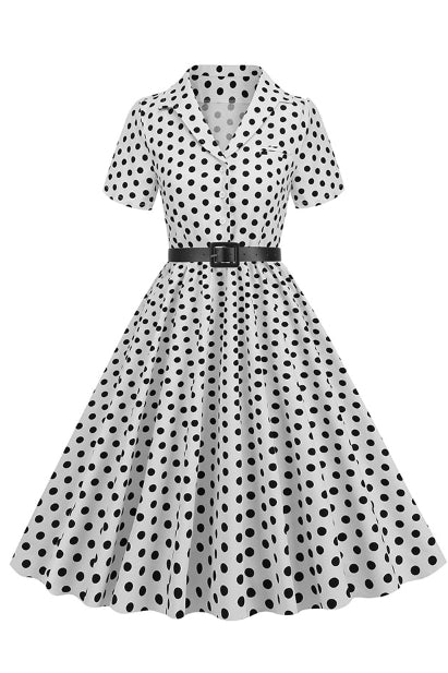 White Lapel Dotted A-line Vintage Dress with Belt