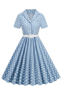 Blue Lapel Dotted A-line Vintage Dress with Belt