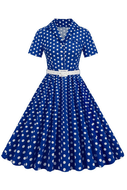 Royal Blue Lapel Dotted A-line Vintage Dress with Belt
