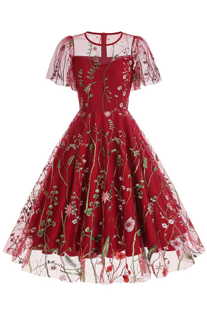 Red Illusion Neck Embroideries A-line Vinatge Dress