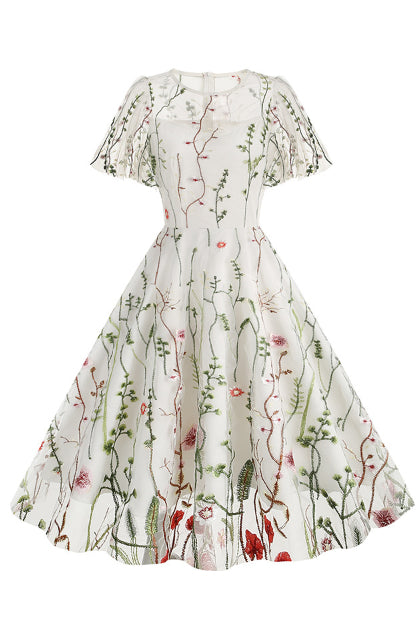 White Illusion Neck Embroideries A-line Vinatge Dress