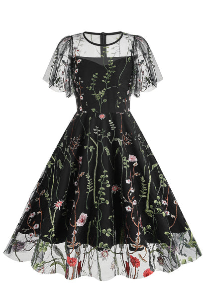 Black Illusion Neck Embroideries A-line Vinatge Dress